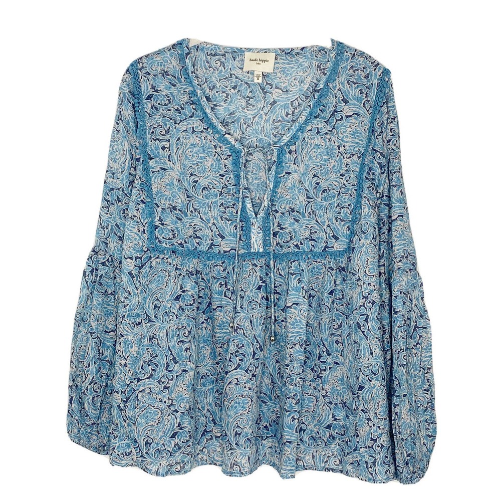 HAUTE HIPPIE TRIBE Avery Blue Paisley Top Peasant Cottagecore Boho Blouse Sz M